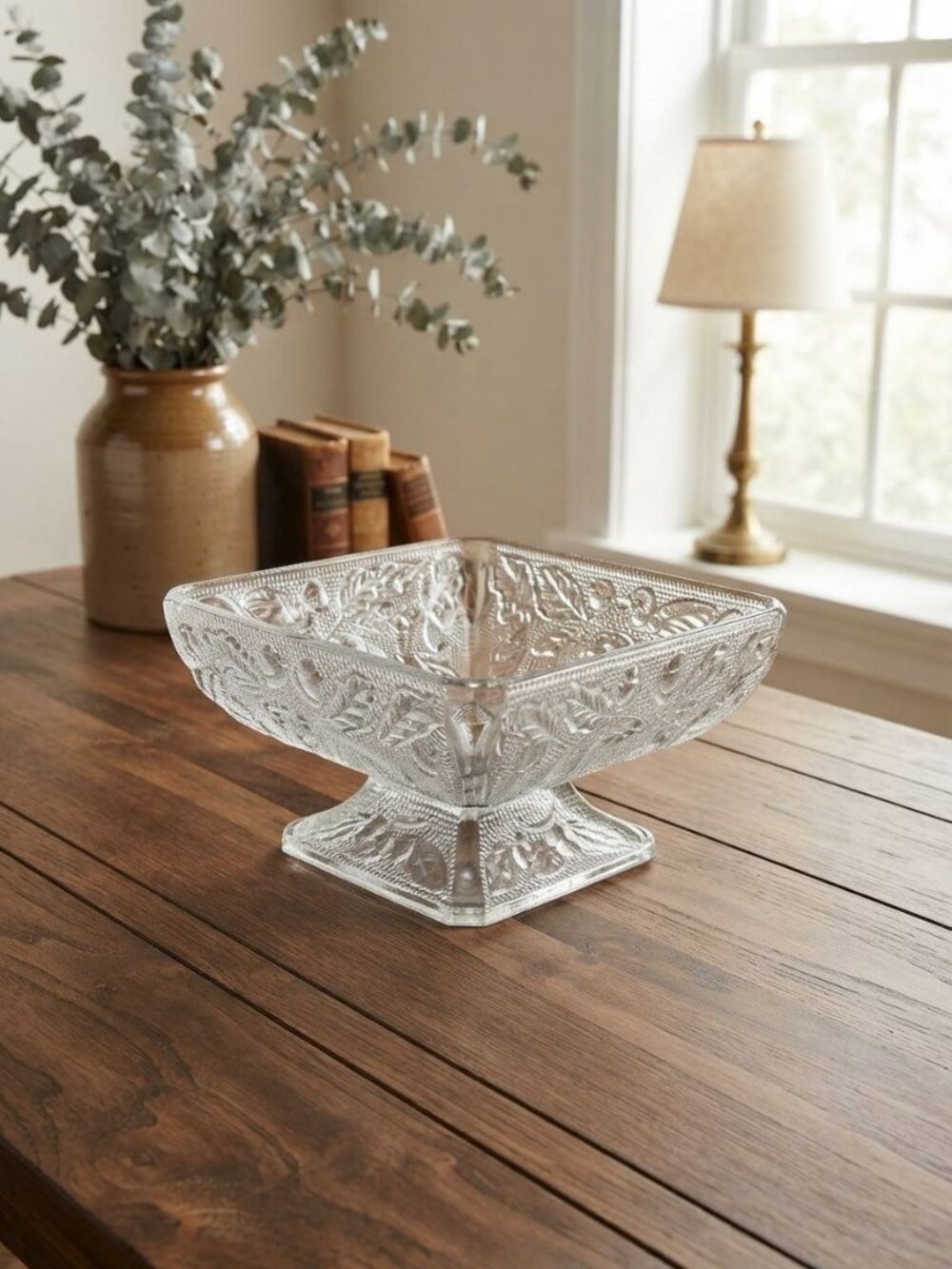 Vintage Jeannette Clear Glass Oak Leaf and Acorn Square Pedestal Compote Bowl